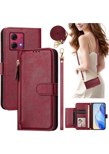 Motorola Moto G84 5g Için Flip Kılıf Koruma Premium Darbeye Dayanıklı Pu Deri Fermuarlı Cüzdan Kılıfı Kart Tutucu ve Uzun Askılı (Yurt Dışından)