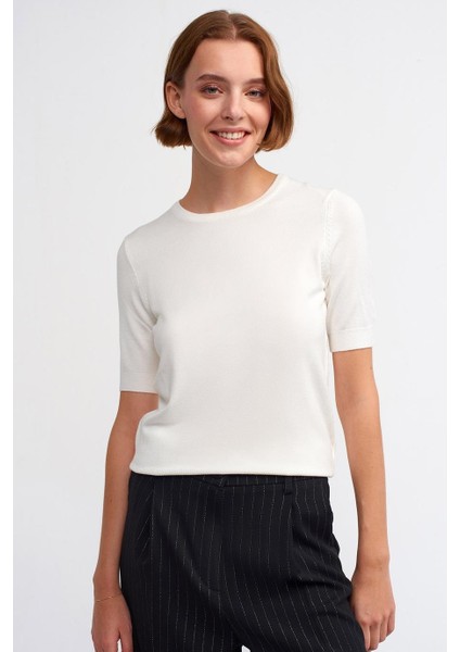 Kısa Kollu Sıfır Yaka Ekru Kadın Kazak 10426-2K5