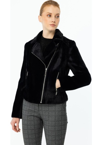 Peluş Yandan Fermuarlı Siyah Kadın Mont 7051-2K5 fırsatları