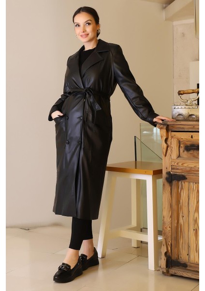 Torba Cepli Düğmeli Siyah Kadın Trençkot D87055-2K5