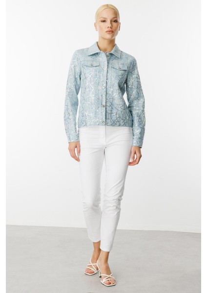 Pul Işlemeli Kot Mavi Kadın Mont 6026-2Y5