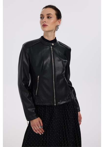 Ekol Fermuarlı Dik Yaka Deri Siyah Kadın Mont 6001-2K5