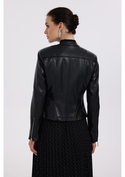 Ekol Fermuarlı Dik Yaka Deri Siyah Kadın Mont 6001-2K5 fırsatları
