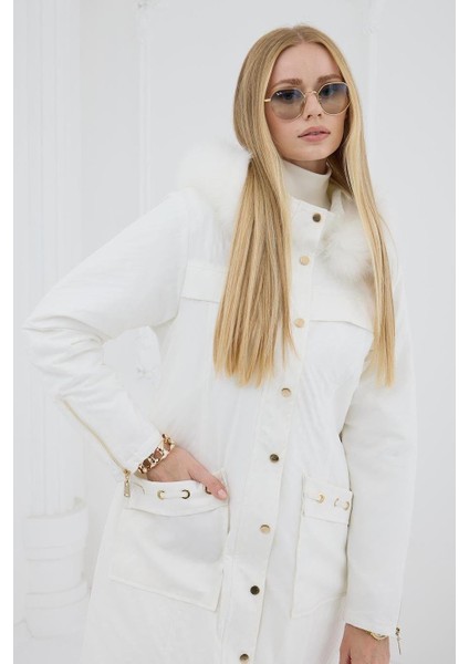 Zebra Desenli Gold Detaylı Ekru Kadın Mont MB18.72-2K5