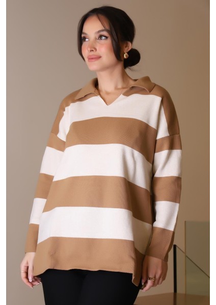 V Yaka Çizgili Camel Ekru Kadın Triko Kazak 5208-2K5