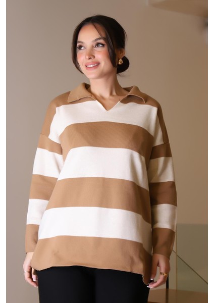 V Yaka Çizgili Camel Ekru Kadın Triko Kazak 5208-2K5 fiyatları