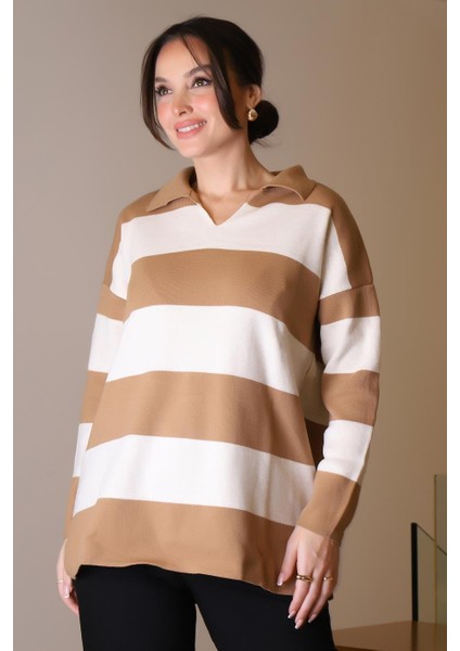 V Yaka Çizgili Camel Ekru Kadın Triko Kazak 5208-2K5 modelleri