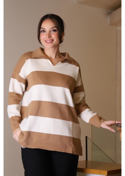 V Yaka Çizgili Camel Ekru Kadın Triko Kazak 5208-2K5 fırsatları