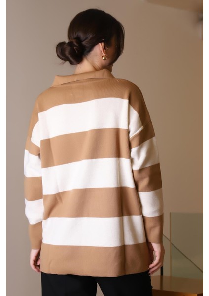 V Yaka Çizgili Camel Ekru Kadın Triko Kazak 5208-2K5 indirimleri