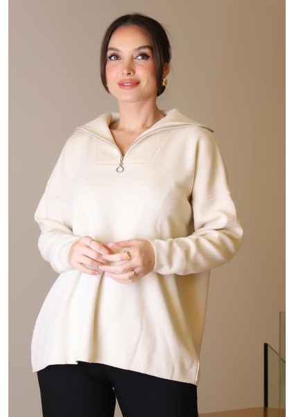 Geniş Yaka Fermuarlı Taş Triko Kadın Kazak 6078-2K5 fiyatları