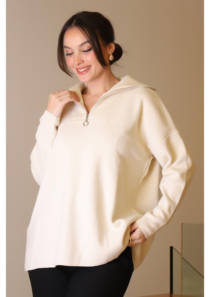 Geniş Yaka Fermuarlı Taş Triko Kadın Kazak 6078-2K5 modelleri