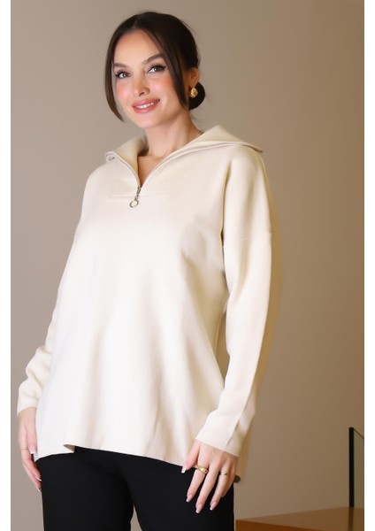 Geniş Yaka Fermuarlı Taş Triko Kadın Kazak 6078-2K5 fırsatları