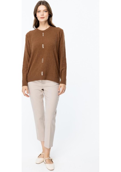 Kendinden Desenli Önü Düğmeli Triko Kahve Kazak 46395-2K5 fiyatları