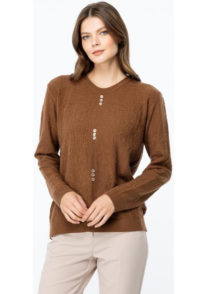 Kendinden Desenli Önü Düğmeli Triko Kahve Kazak 46395-2K5 modelleri