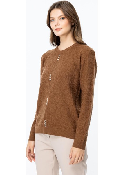 Kendinden Desenli Önü Düğmeli Triko Kahve Kazak 46395-2K5 fırsatları