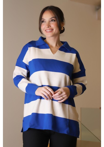 V Yaka Çizgili Saks Ekru Kadın Triko Kazak 5208-2K5