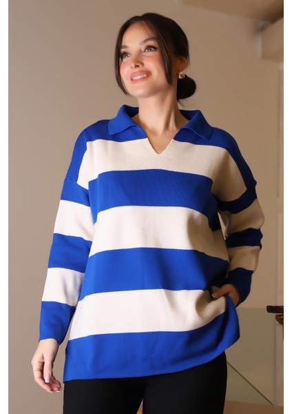 V Yaka Çizgili Saks Ekru Kadın Triko Kazak 5208-2K5 modelleri