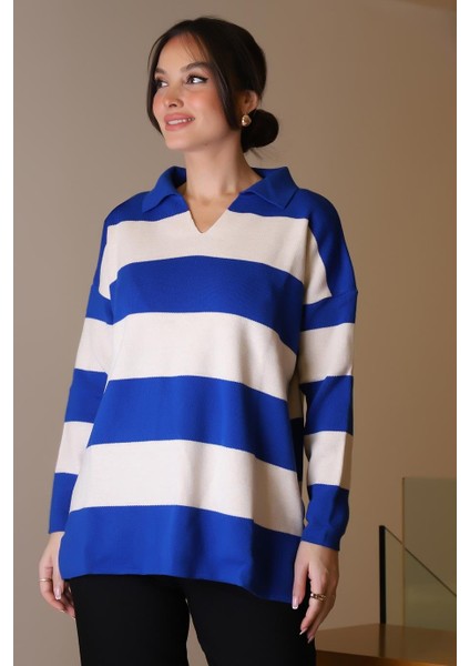 V Yaka Çizgili Saks Ekru Kadın Triko Kazak 5208-2K5 fırsatları