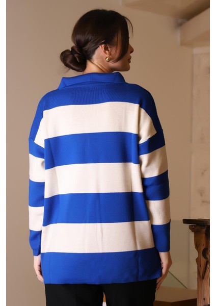 V Yaka Çizgili Saks Ekru Kadın Triko Kazak 5208-2K5 indirimleri