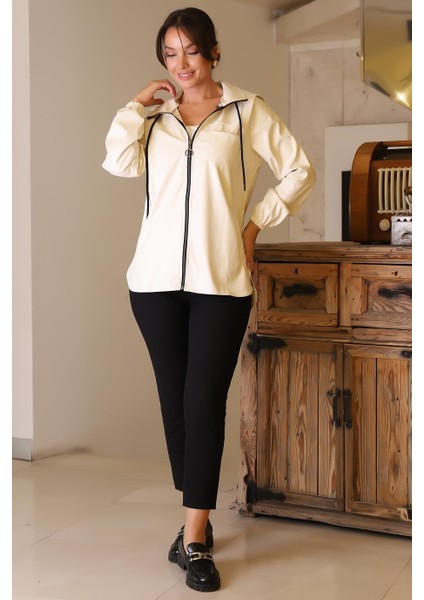 Kolları Lastikli Uzun Kollu Krem Kadın Ceket 165-2K5