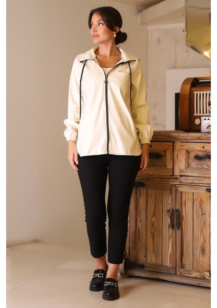 Kolları Lastikli Uzun Kollu Krem Kadın Ceket 165-2K5 fiyatları