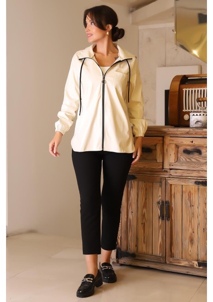 Kolları Lastikli Uzun Kollu Krem Kadın Ceket 165-2K5 modelleri