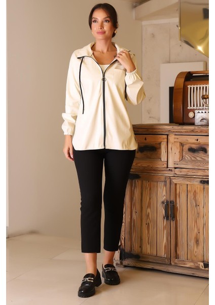 Kolları Lastikli Uzun Kollu Krem Kadın Ceket 165-2K5 fırsatları