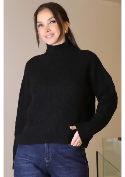 Yarım Balıkçı Uzun Kollu Siyah Kadın Kazak 0116-2K5