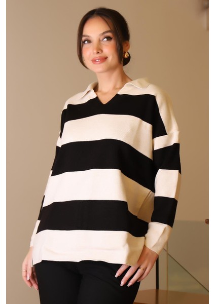 V Yaka Çizgili Ekru Siyah Kadın Triko Kazak 5208-2K5