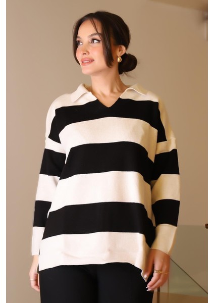 V Yaka Çizgili Ekru Siyah Kadın Triko Kazak 5208-2K5 modelleri