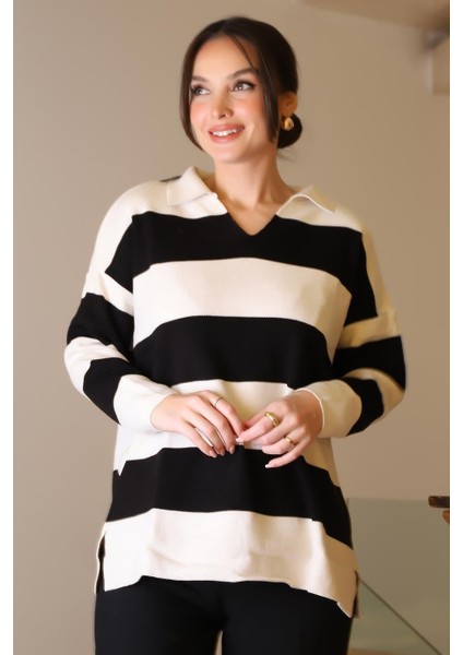 V Yaka Çizgili Ekru Siyah Kadın Triko Kazak 5208-2K5 fırsatları