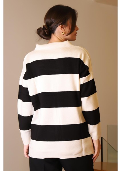 V Yaka Çizgili Ekru Siyah Kadın Triko Kazak 5208-2K5 indirimleri