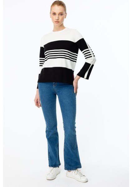 Çizgili Yırtmaç Detaylı Triko Siyah Kadın Kazak 49324-2K5 fırsatları