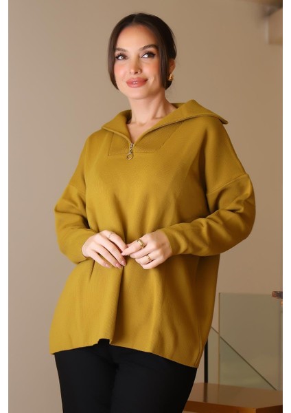 Geniş Yaka Fermuarlı Asit Triko Kadın Kazak 6078-2K5