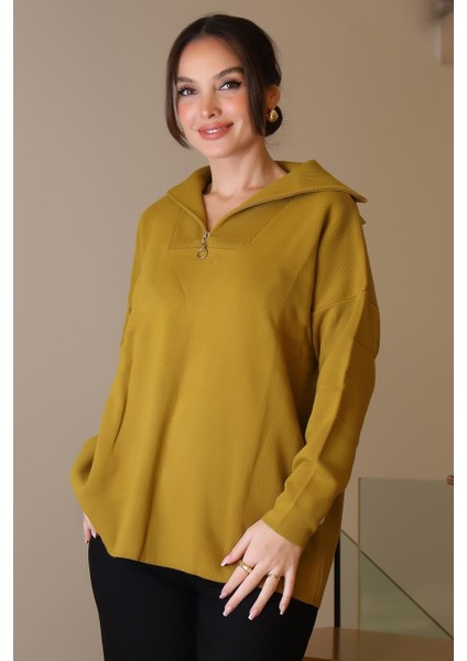 Geniş Yaka Fermuarlı Asit Triko Kadın Kazak 6078-2K5 fiyatları