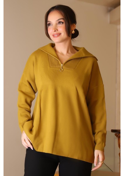 Geniş Yaka Fermuarlı Asit Triko Kadın Kazak 6078-2K5 modelleri