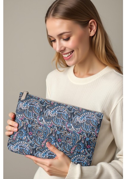 Lacivert Etnik Paisley Desenli Clutch Portföy Çanta