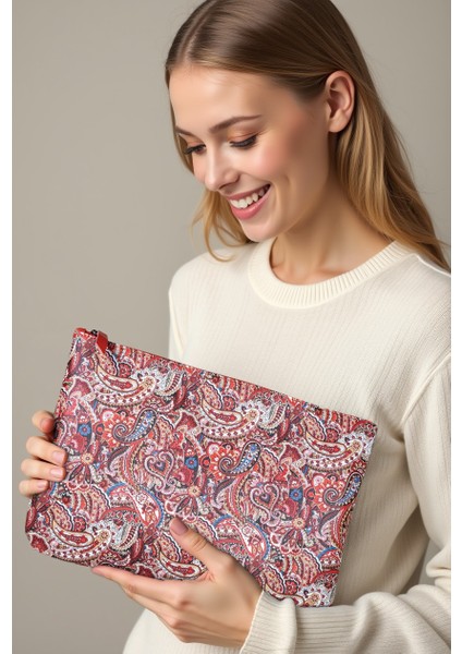 Kırmızı Etnik Paisley Desenli Clutch Portföy Çanta