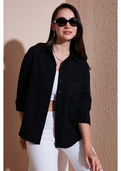 Regular Fit Güpürlü Cep Detaylı Uzun Kollu Gömlek Bayan Gömlek 6773215