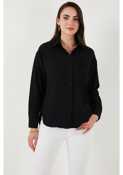 Regular Fit Güpürlü Cep Detaylı Uzun Kollu Gömlek Bayan Gömlek 6773215 indirimleri