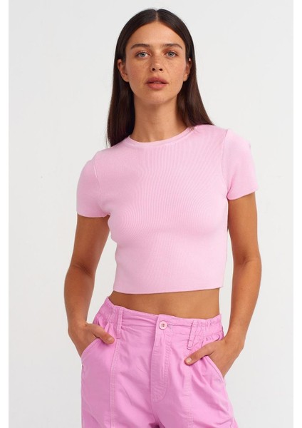 Sıfır Yaka Kısa Kollu Toz Pembe Kadın T-Shirt 10357-2Y5