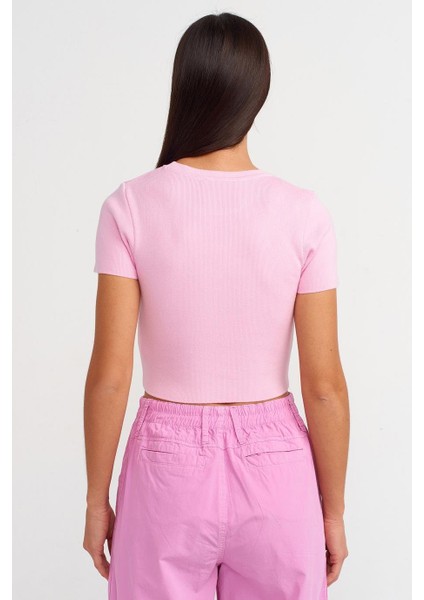 Sıfır Yaka Kısa Kollu Toz Pembe Kadın T-Shirt 10357-2Y5 fırsatları