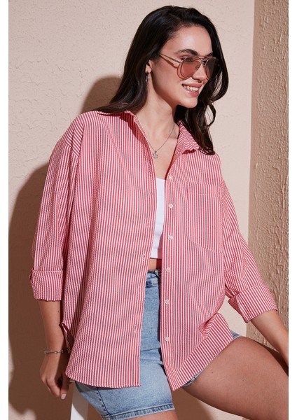 Regular Fit Uzun Kollu Cepli Çizgili Gömlek Bayan Gömlek 6772895
