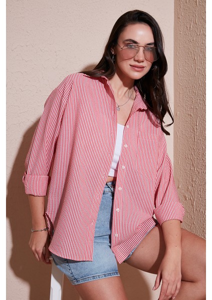 Regular Fit Uzun Kollu Cepli Çizgili Gömlek Bayan Gömlek 6772895