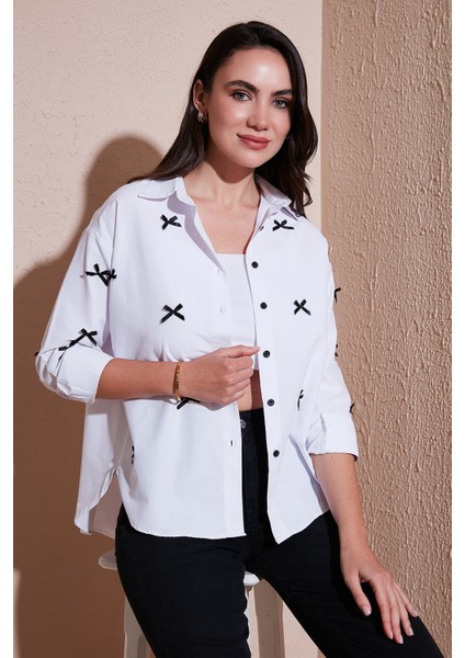 Pamuk Karışımlı Regular Fit Kurdele Detaylı Gömlek Bayan Gömlek 6773097