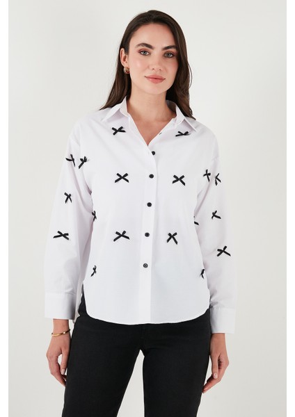 Pamuk Karışımlı Regular Fit Kurdele Detaylı Gömlek Bayan Gömlek 6773097 indirimleri