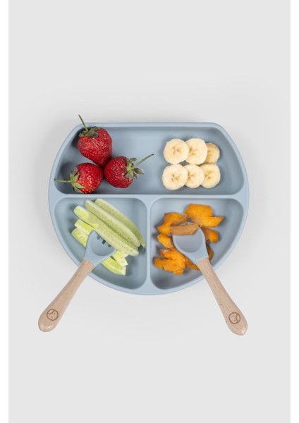 3 Bölmeli Kapaklı Silikon Vakumlu Mavi Mama Tabağı fırsatları