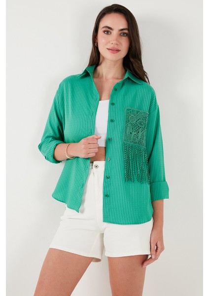 Regular Fit Güpürlü Cep Detaylı Uzun Kollu Gömlek Bayan Gömlek 6773215 modelleri