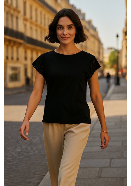 % 100 Pamuk Relaxed Fit Dantel Detaylı Bluz Bayan Bluz 25Y1203K1