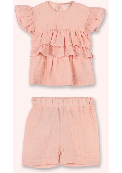 Kız Bebek Fırfır Detaylı Şortlu Beli Lastikli Somon Takım